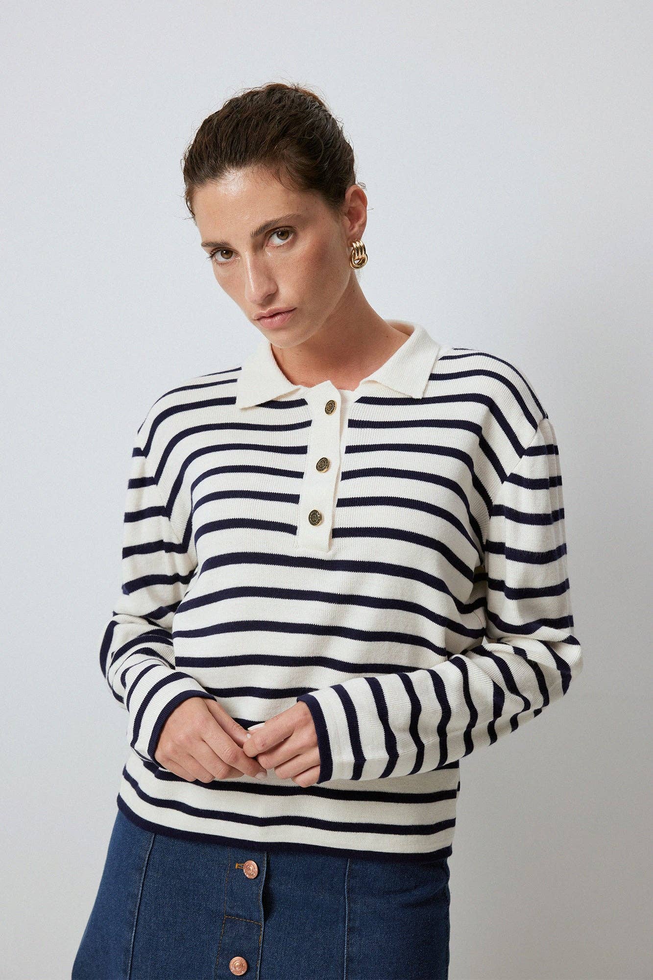 Krem Striped Polo Neck Knit Sweater for wholesale on Faire0