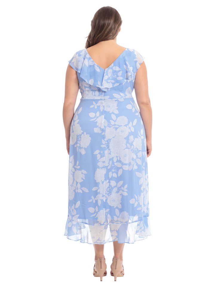 BLUE WHITE London Times Ruffled Wrap Bodice Short Flutter Sleeve Flowing Maxi Skirt Dress (Plus Size) for wholesale on Faire