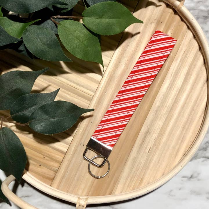 Candy Cane Holiday Print Fabric Wristlet Keychain, Key Fob for wholesale by MDStickerShop