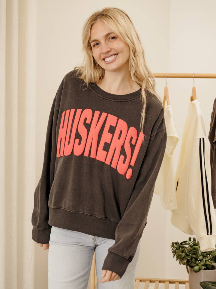 LivyLu - Wholesale Graphic Sweatshirt - Women's - Nebraska Huskers Mono Puff Ink Smoke Hi-Dive Sweatshirt