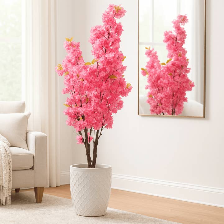 5 ft Tall Faux Pink Sichuan Cherry Blossom, Nearly Natural Large Artificial Tree, Indoor Decor for Living Room, Office, Patio for wholesale by Sona Casa