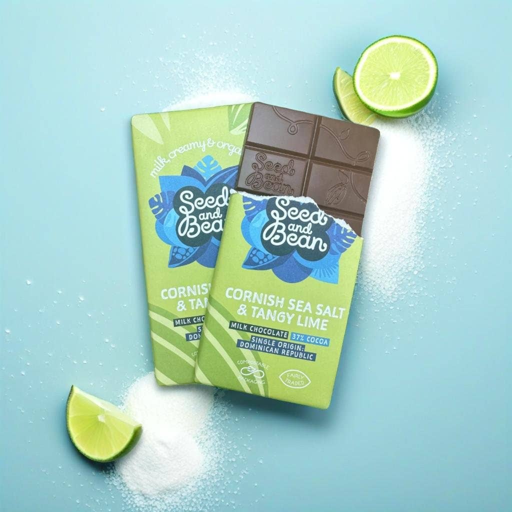 Seed & Bean  [No duties when shipping to US!] – Großhandel Schokoriegel – Cornish Meersalz & Limette Milchschokolade 75 g Tafel (37 % Kakao)1