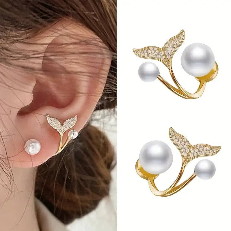 Huis Van Merken - Wholesale Stud/Post Earrings - Mermaid Tail Stud Earrings with Imitation Pearl and Rhinestone Accents0