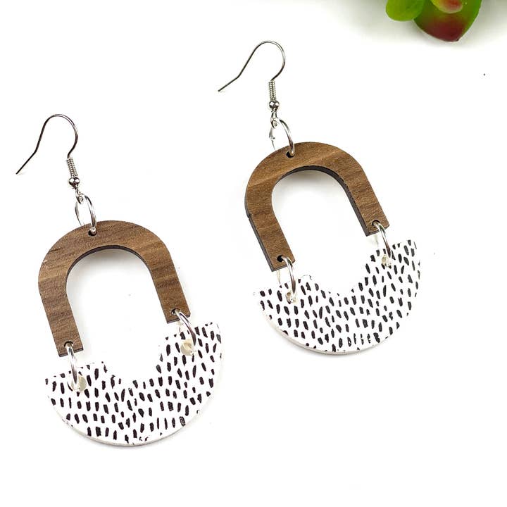 White and Black Dot Half Circle Clay and Wood Arch Earring for wholesale by Anna Bannister with ReNue