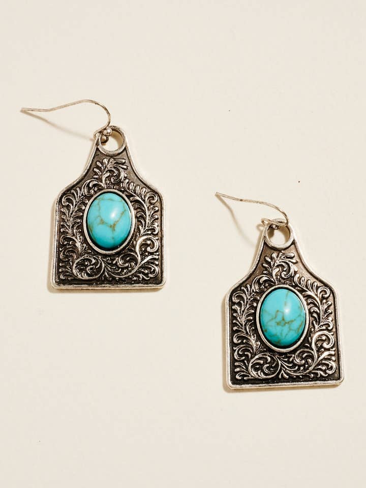 Semi Precious Stone Cow Tag Rodeo Hook Earrings for wholesale by Designature New York