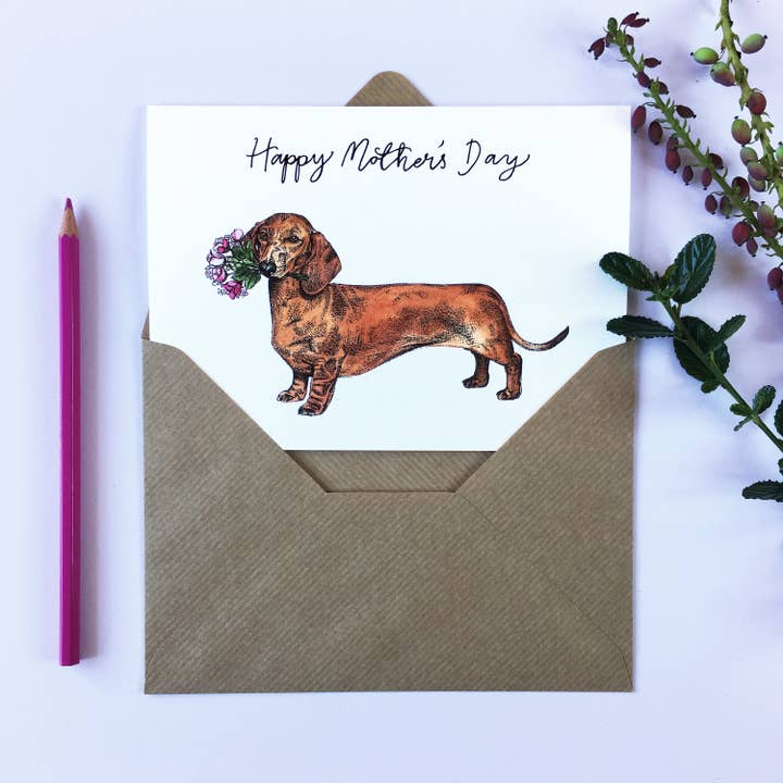 Sausage Dog with a Flower Bouquet Mother's Day Card for wholesale by Amelia Illustration