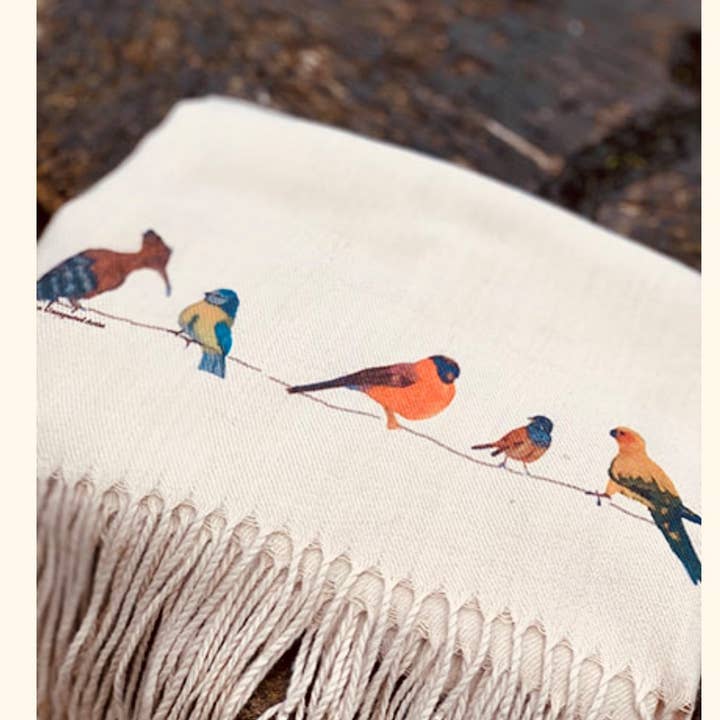 🐦 Cashmere Feel Scarf | Handprinted Birds on a Wire 🌸 for wholesale by Art on Scarves