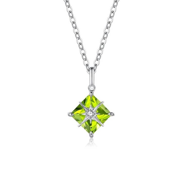 Collar FANCIME de plata de ley con gemas cuadradas con peridoto en agosto con gemas preciosas «Princess Dream» para venta al por mayor de Fanci Me Jewelry