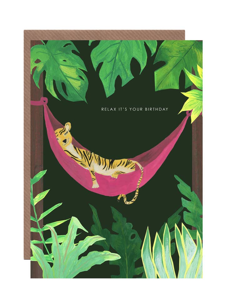 Geburtstagskarte „Tiger in Hammock“ für den Großhandel von Hutch Cassidy