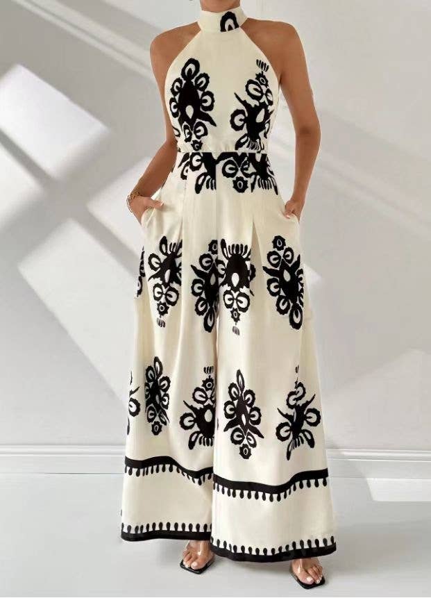 Rosa Clothing - Wholesale Jumpsuit - Women's - Halterneck Graphic & Ethnic Print Sleeveless Jumpsuit5
