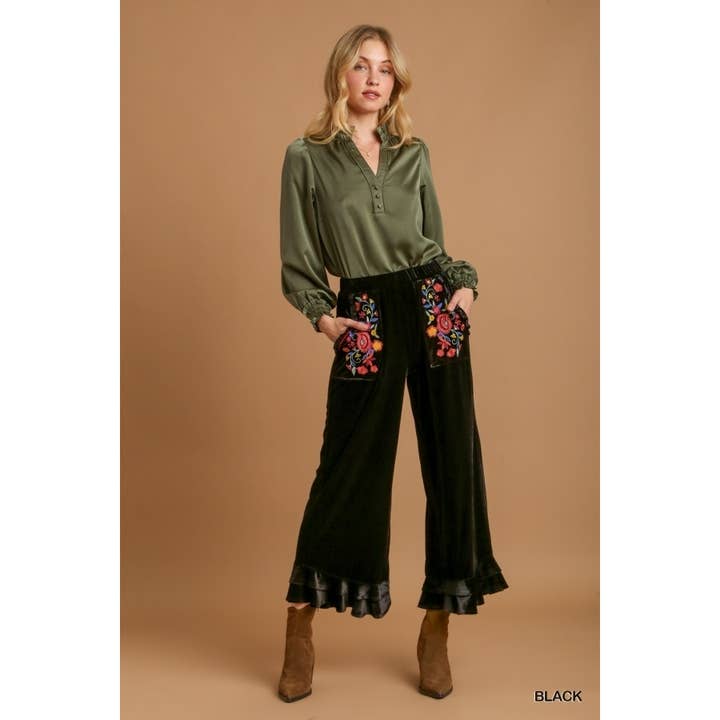 BNS - Wholesale Pants - Women's - Velvet Wide Leg Pants with Embroidered Pockets
