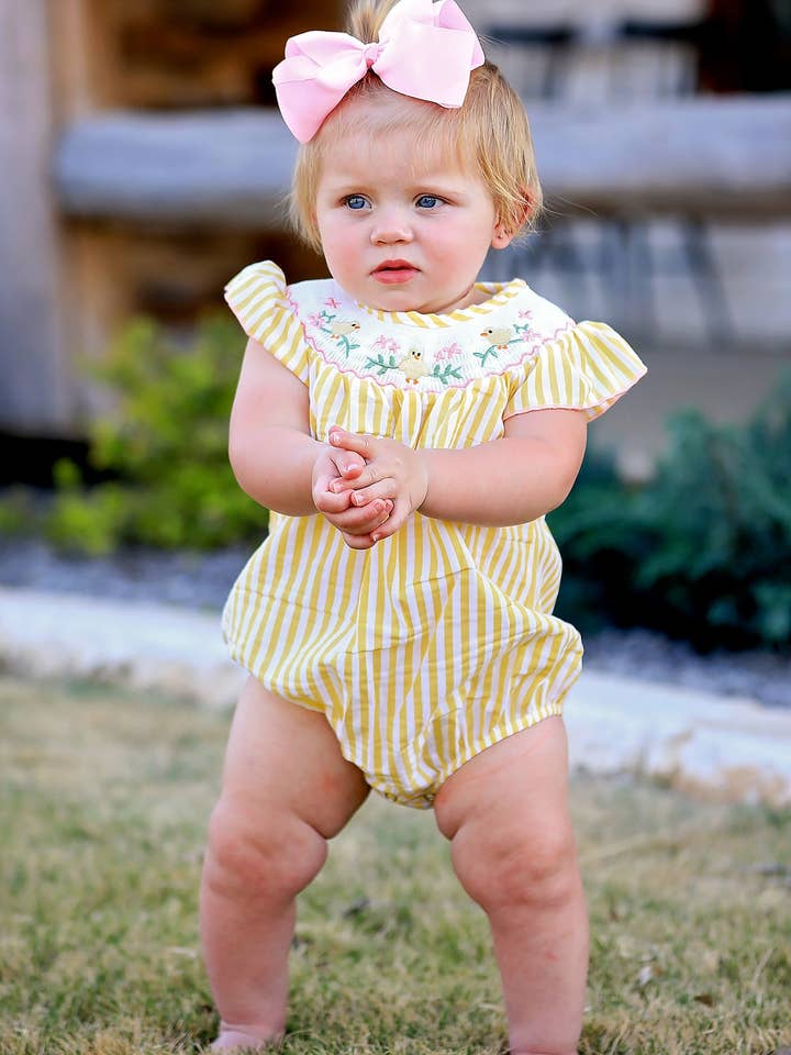 Spring/Summer Chick Floral Embroidery Smocking Girls Romper for wholesale by Rylee Faith Designs