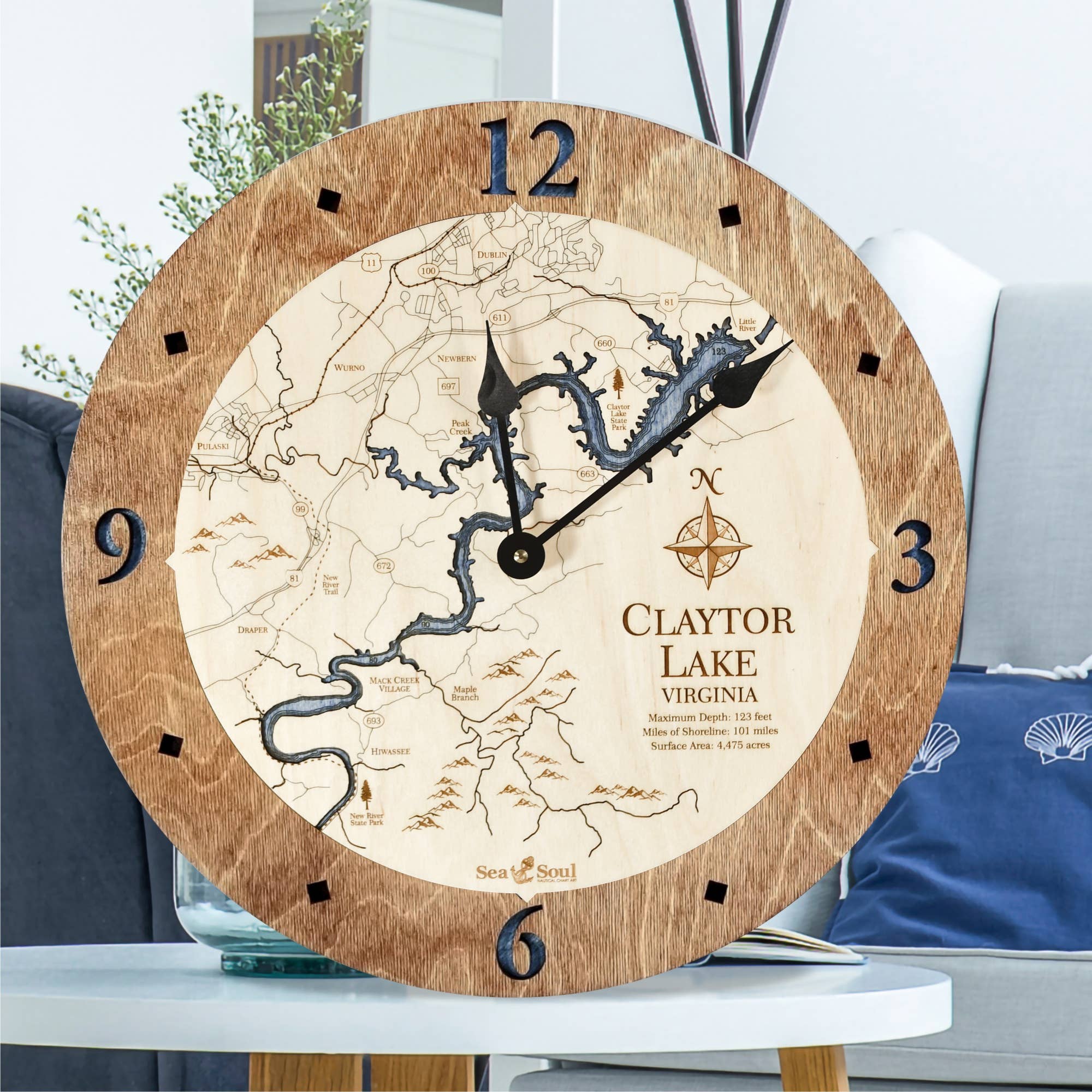 Sea & Soul Nautical Chart Art - Wholesale Wall Clock - Claytor Lake Virginia Nautical Map Wood Wall Clock - 2 Level7