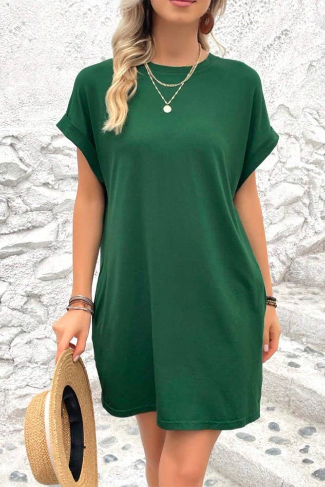 UNISHE - Wholesale Dress - Women's - Plain Fold Cuff Pockets Round Neck T-Shirt Dress ZK13335