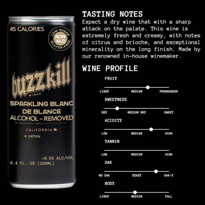 Buzzkill Wines - Wholesale Non-Alcoholic Spirits/Wine/Beer - Buzzkill Non-Alcoholic Sparkling Blanc de Blancs Wine | Low Sugar, Low Calorie, No Hangover - 24-Pack Cans6