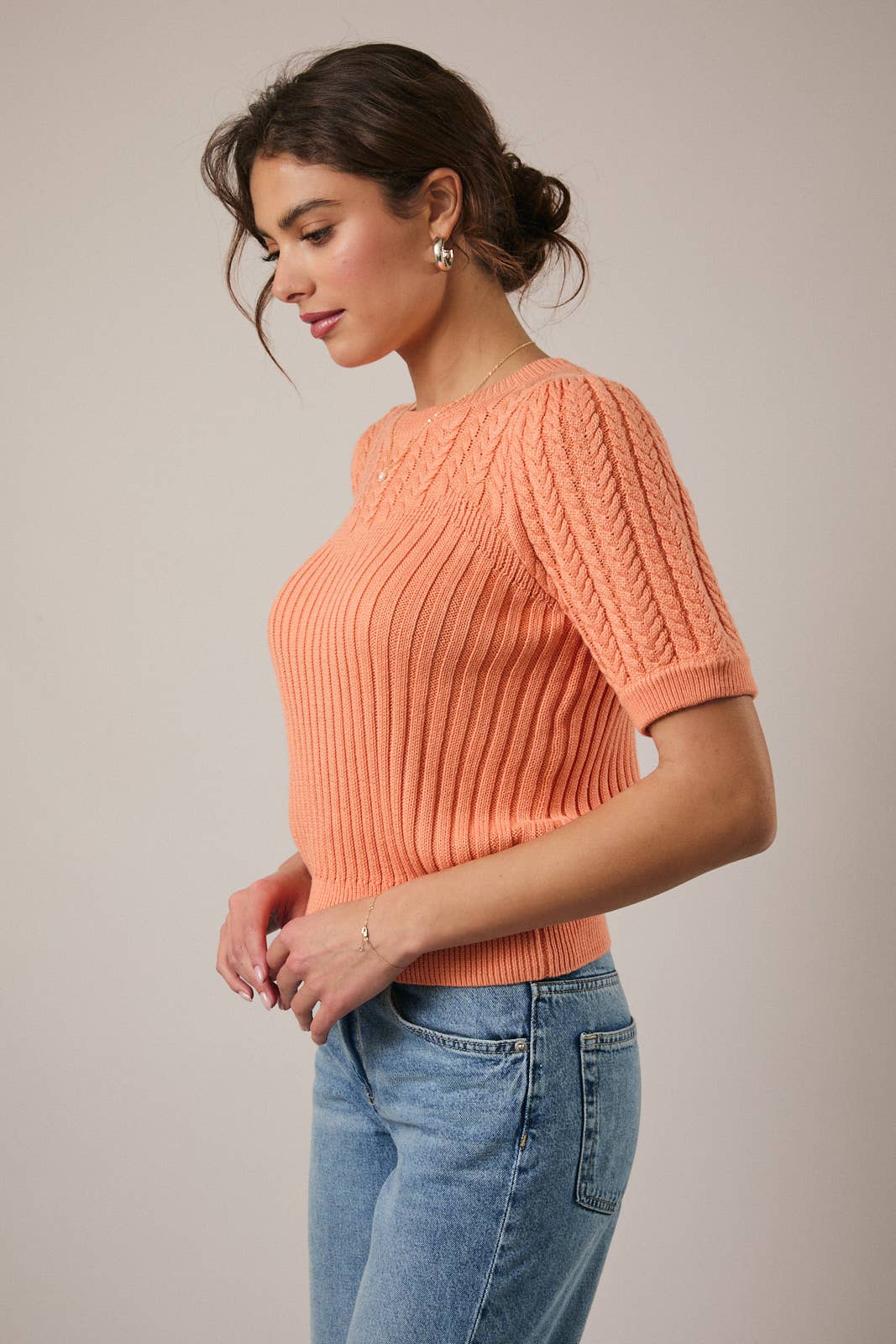 Sunday Edition by LE LIS - Wholesale Knit Sweater - Women's - ROUND NECK PUFF SHORT SLEEVE CABLE SWEATER17