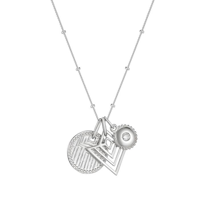 Geometric Engraved Disc, Art Deco Pendant and Crystal Jewel Charm Pendant Set for wholesale by One and One Studio