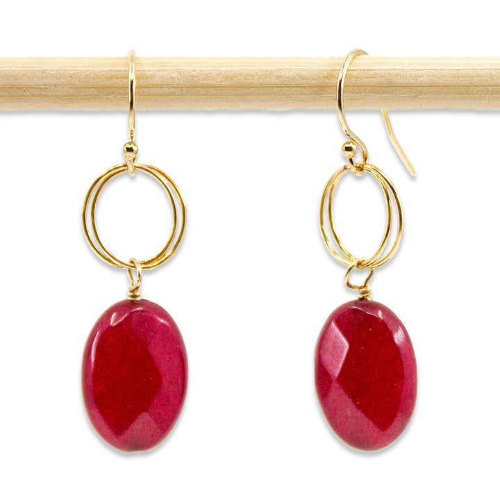 Ruby Red Jade Circle Drop Earrings, Sterling or Gold for wholesale by Stefanie Wolf Designs