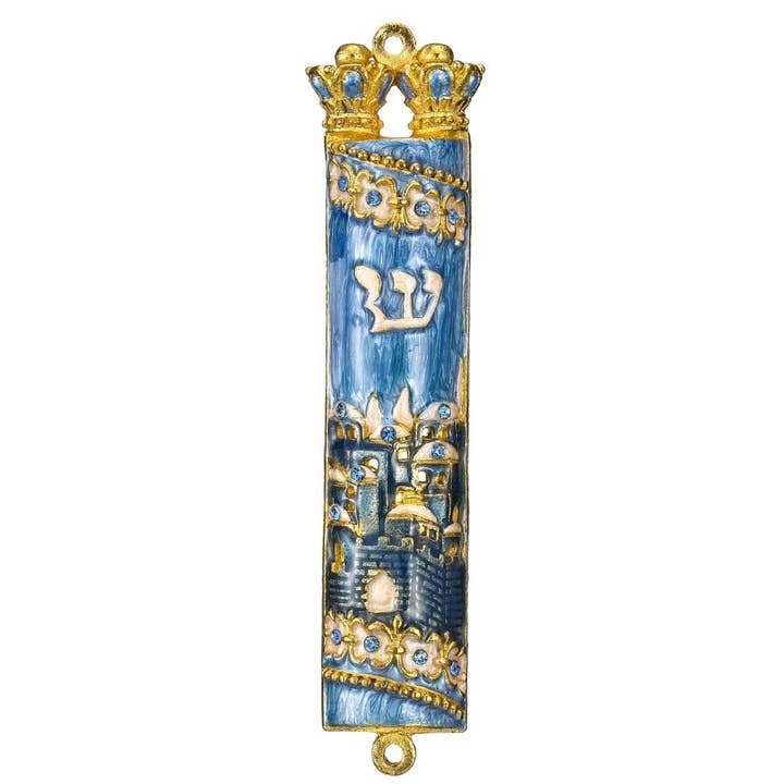 Matashi - Wholesale Decorative Tabletop Object - Matashi Hand Painted Blue Enamel Mezuzah with Gold Accents