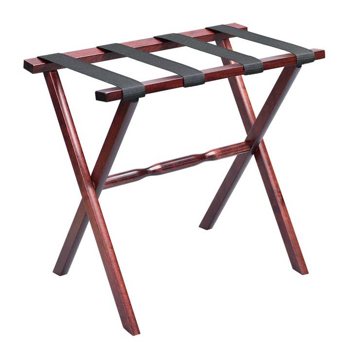 Hotel Cherry Mahogany Folding Luggage Rack with Black Straps for wholesale by HomeRoots
