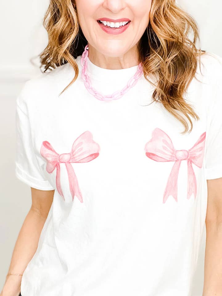 White Sweet Bow Knot Print O Neck Casual T Shirt for wholesale by Lovesoft