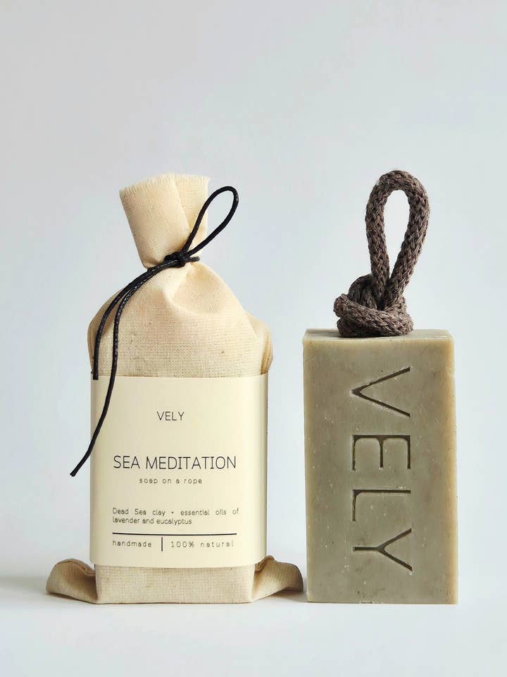 Natural Handmade Soap On A Rope "Sea Meditation"  for wholesale by The Vely Soapery