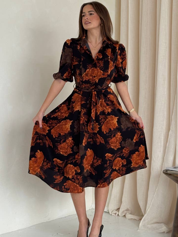Holland Orange Floral Collar Midi Dress for wholesale by Girl in mind