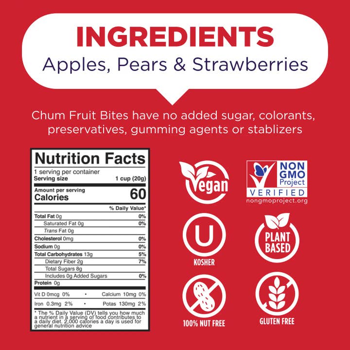 Chum Fruit Bites - Wholesale Fruit Snacks - 192 pack - Strawberry 100% Real Fruit Snacks, No Sugar Added