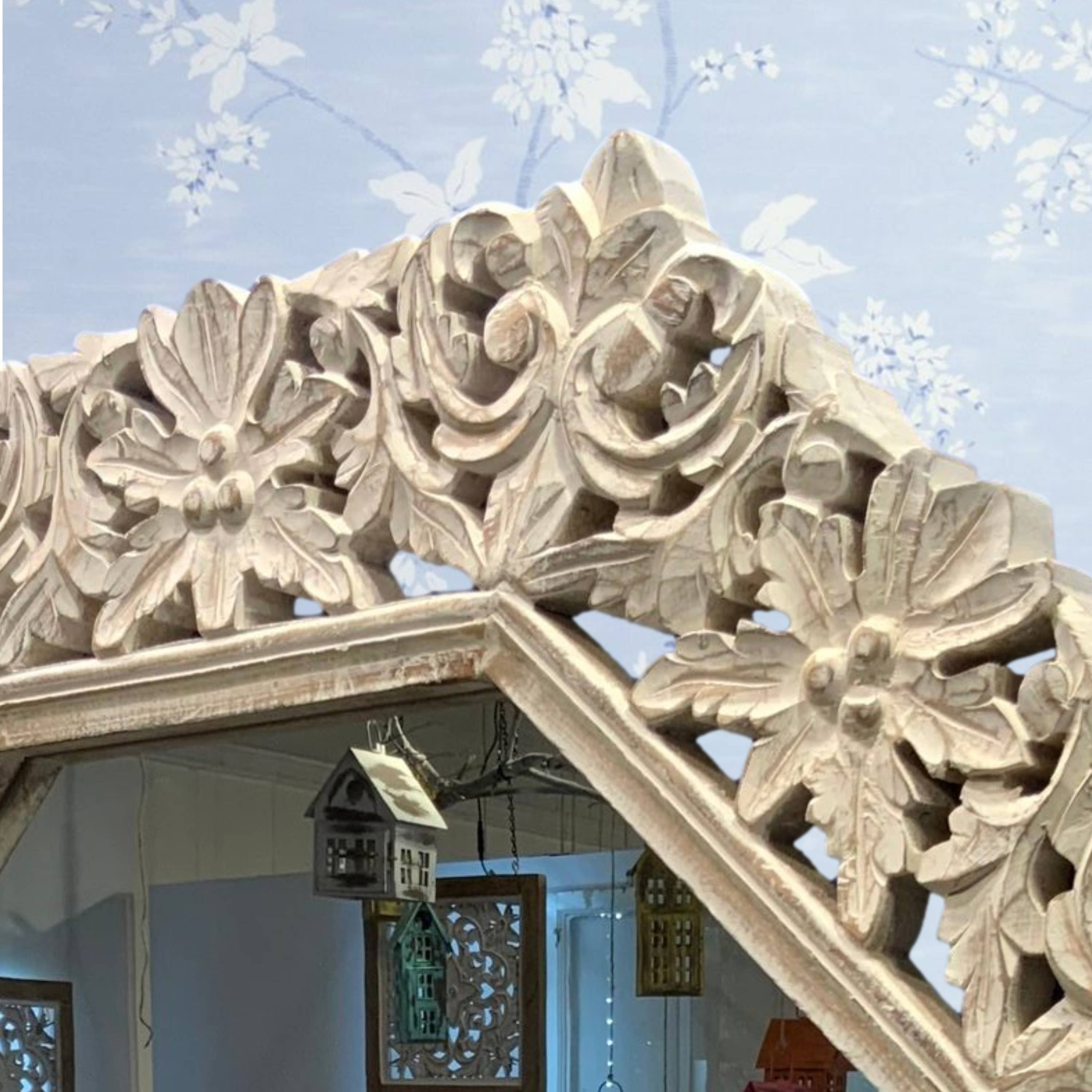 Wilco Home - Wholesale Wall Mirror - Hand Carved Wood Octagonal Whitewashed Mirror5