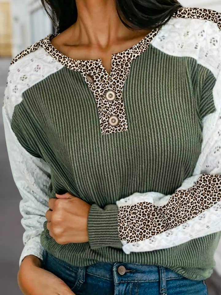 Twisted Ribbed Lace Leopard Patch Long Sleeve Top | S-XL for wholesale by Aapparella