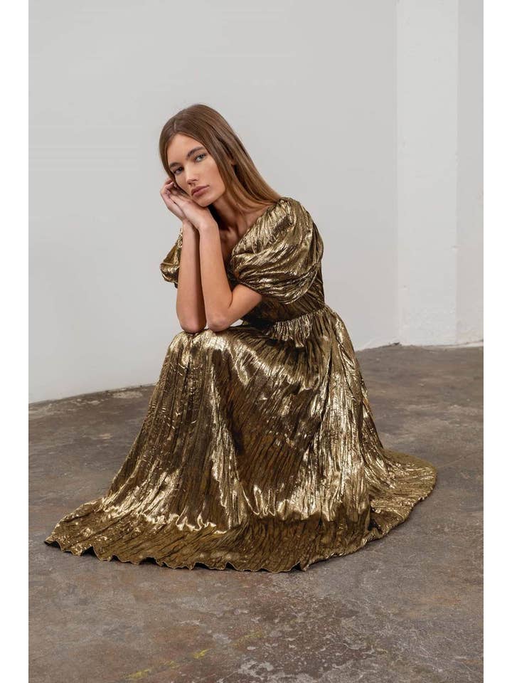 PUFF SLEEVE GOLD STUD MAXI DRESS for wholesale on Faire