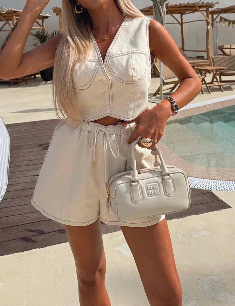 Ivory Ladies V-Neck Sleeveless Button String Tie Top & Shorts Denim Set for wholesale on Faire0