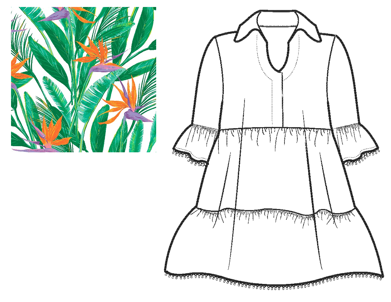 ModaPosa – wholesale Dress – Women's – Cadenza Dress Tropical Leaves Green White Orange Spring2