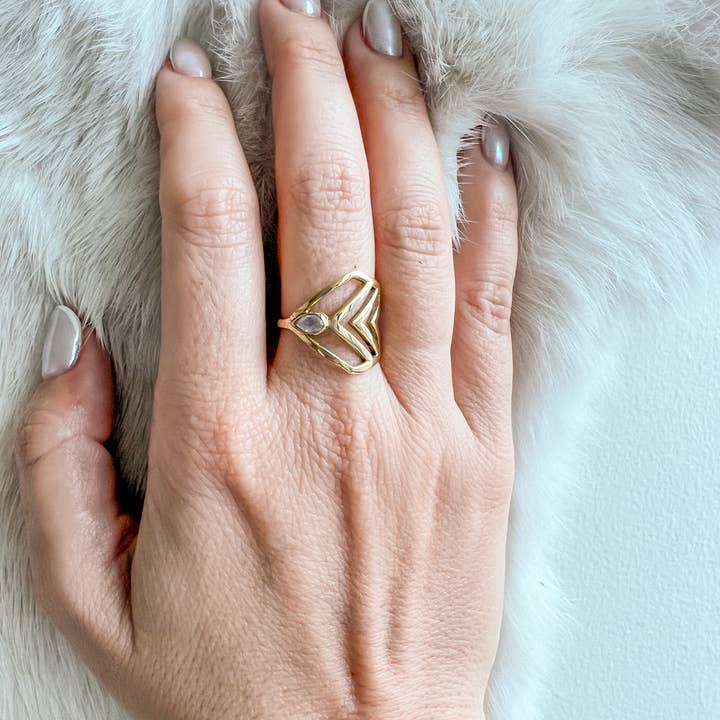 Brass Three V Ring with Moonstone for wholesale by Baizaar