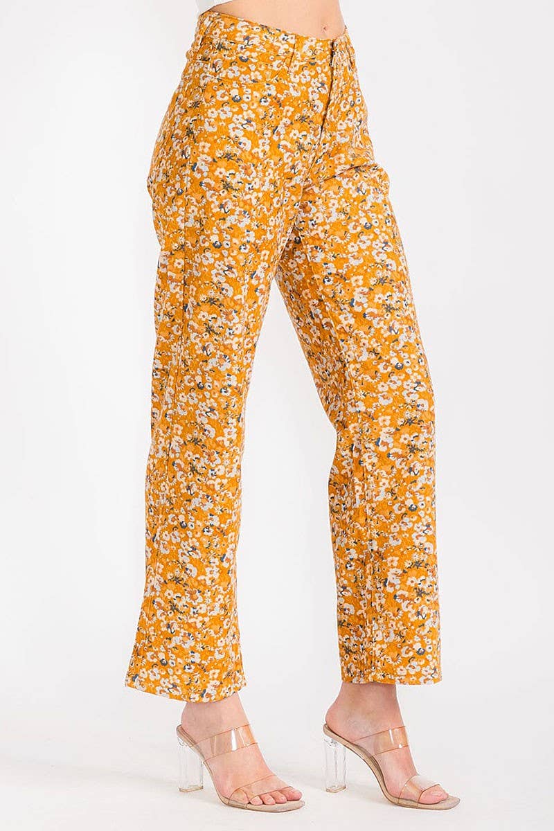 MUSTARD FLORAL PRINT CORDUROY STRAIGHT LEG PANTS for wholesale on Faire2
