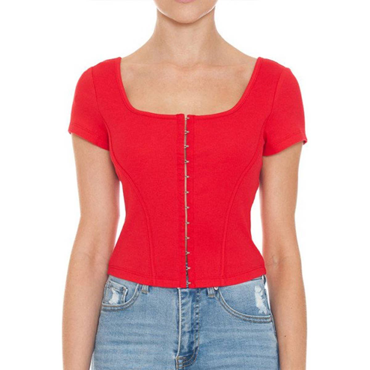 Timeless - Wholesale Knit Top - Women's - SQUARE NECK HOOK AND EYE BUSTIER SHORT SLEEVE TOP0