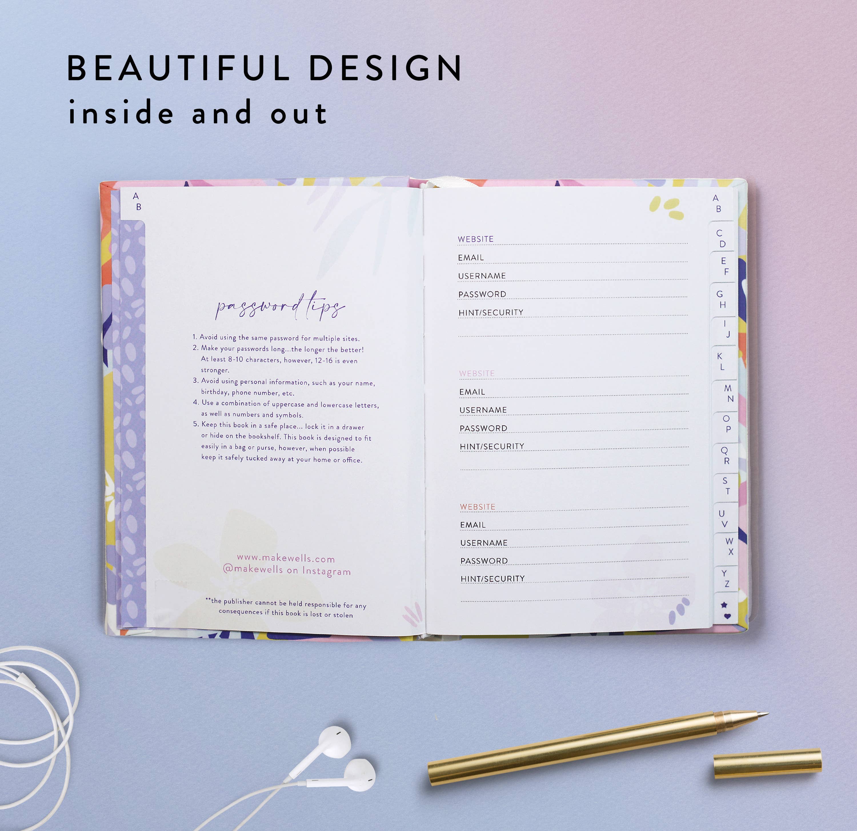 Makewells - Wholesale Journal/Diary - Password Book with Alphabetical Tabs - Pastel Florals5