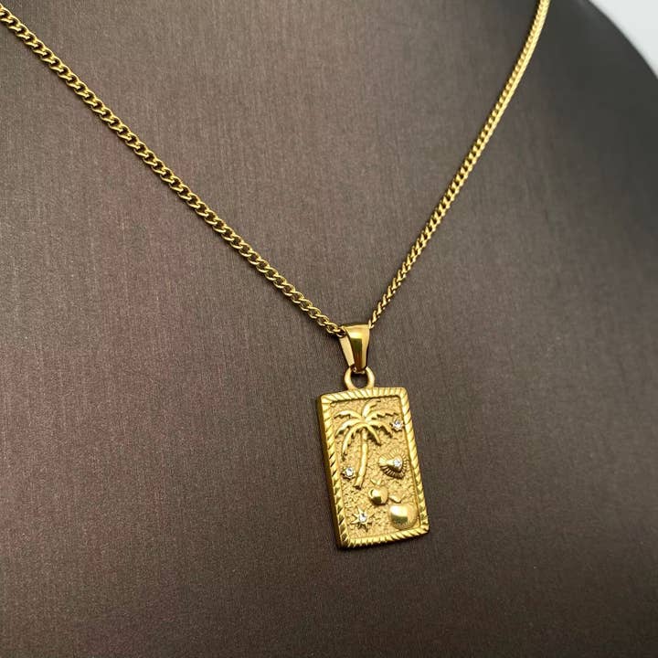 Mio Queena - Wholesale Pendant/Charm Necklace - Summer Coconut Tree Charm 18K Golden SS Necklace - FGS