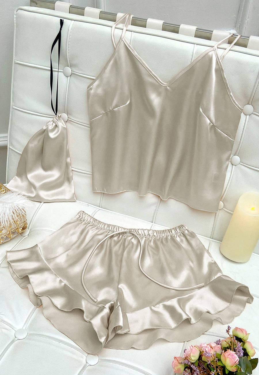 Anna Kaci Wholesale - Wholesale Lounge Set - Women's - Satin Tank and Ruffle Hem Shorts12