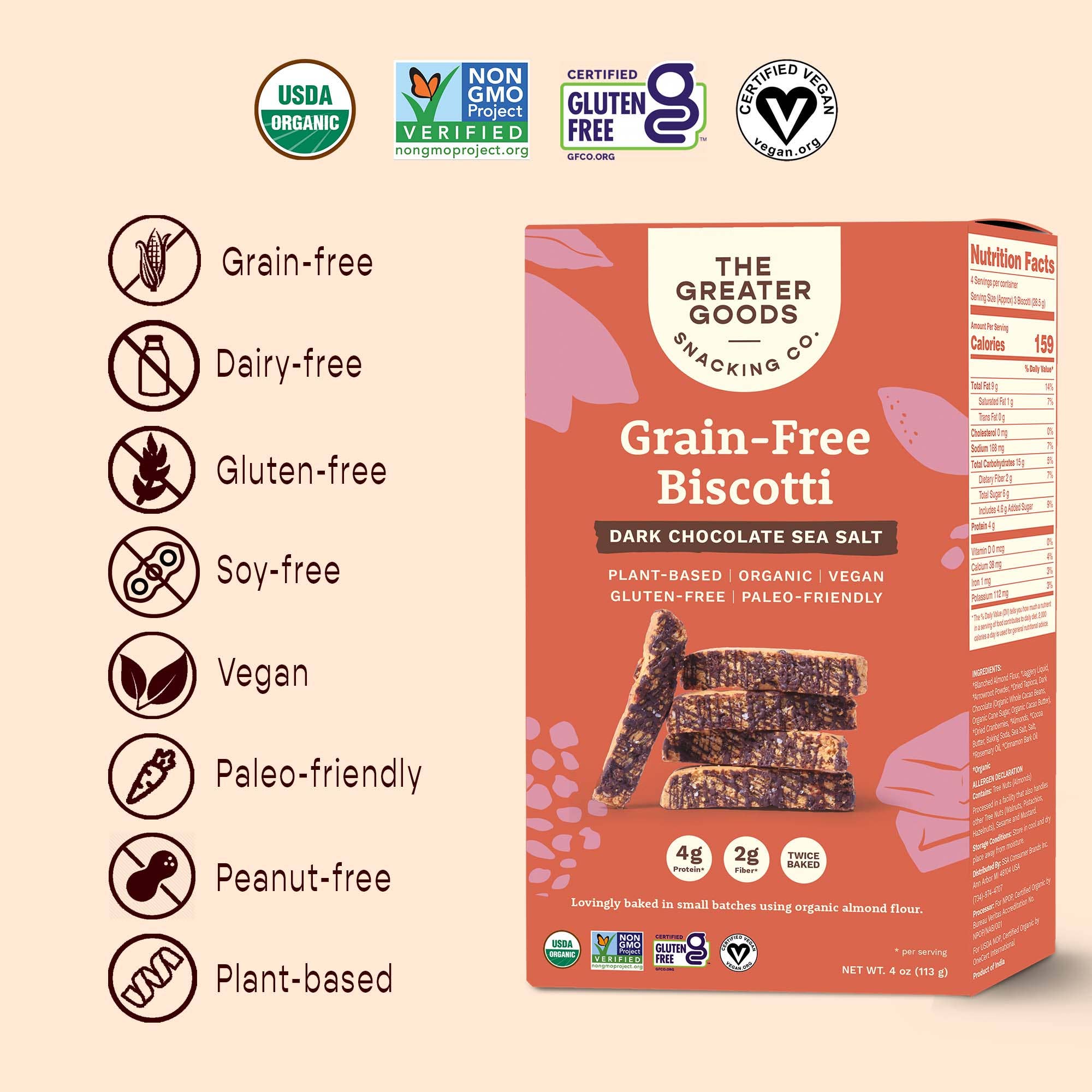 The Greater Goods Snacking Co. - Wholesale Cookie - Grain-free Biscotti Cookies - Dark Chocolate Sea Salt 4 oz.2