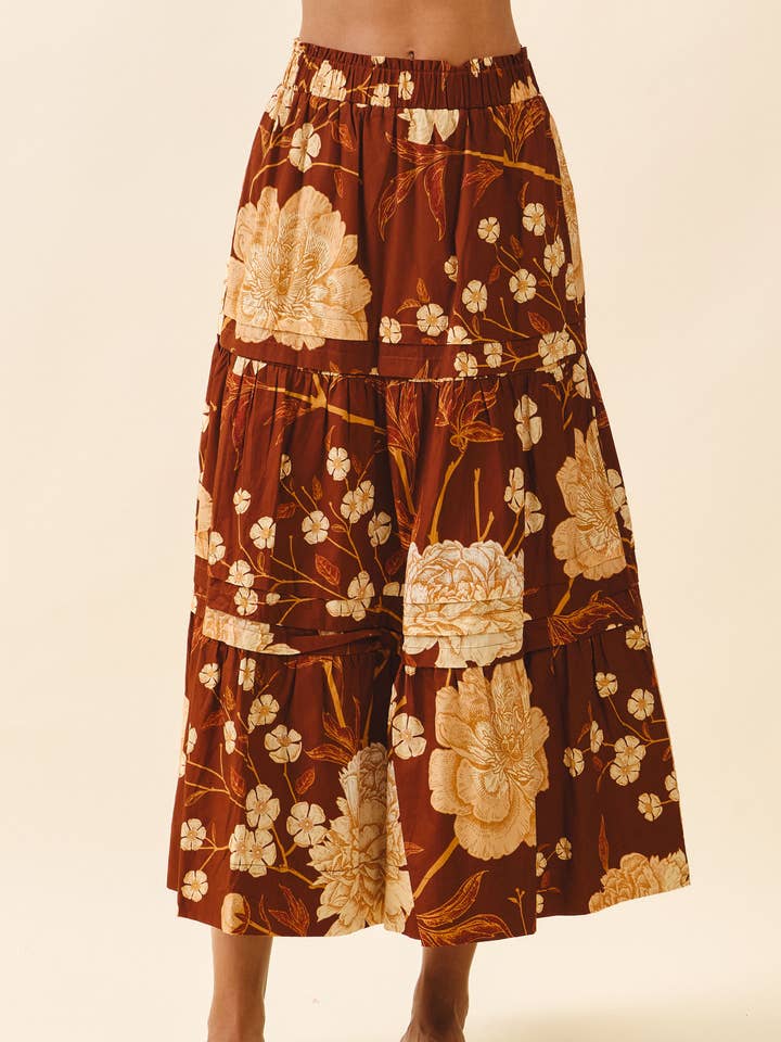 CS3933-Floral Elasticized Waistband Tiered Midi Skirt for wholesale by TCEC