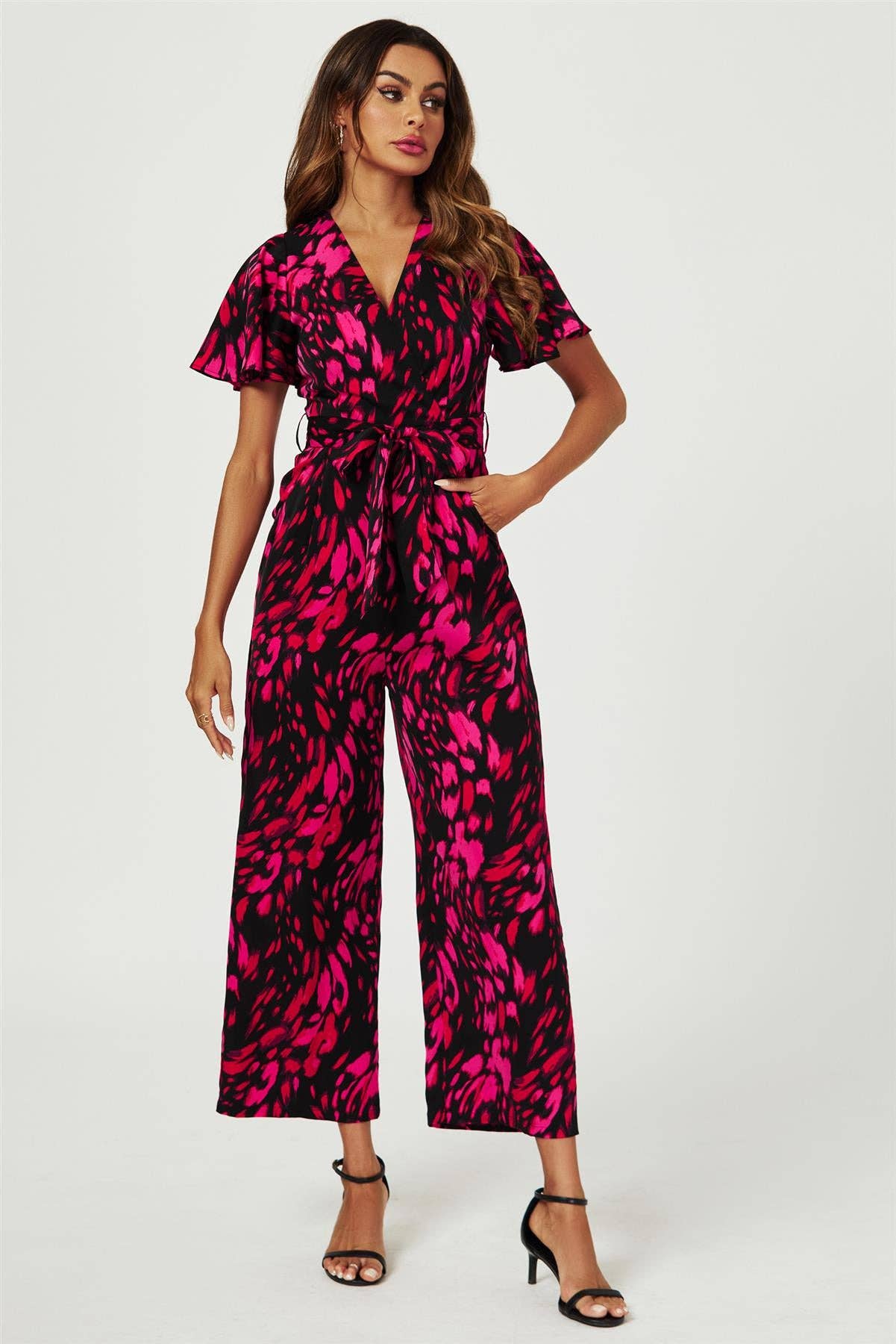 Pink Abstract Print Wrap Top Jumpsuit In Black for wholesale on Faire0