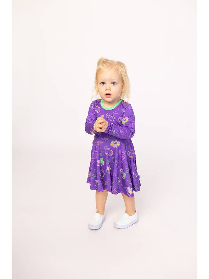Southern Slumber - Wholesale Dress - Kids - Mardi Gras Purple Bamboo Long Sleeve Twirl Dress1