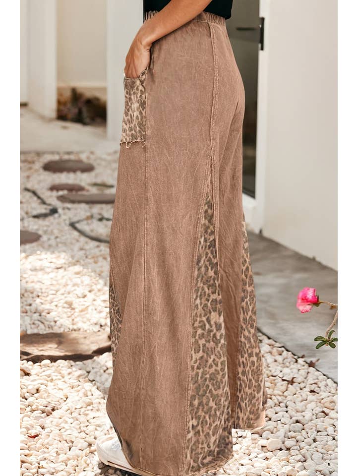 Straw Yellow LDC Mineral Wash Leopard Patchwork Wide Leg Pants for wholesale on Faire2