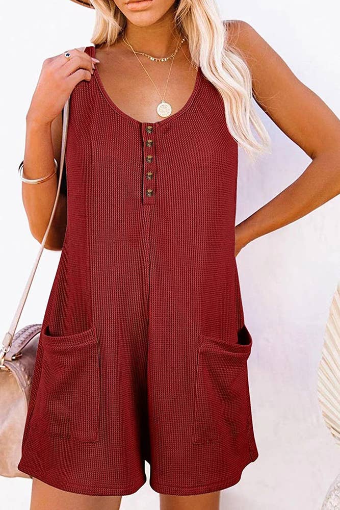 UNISHE - Vente Combishort – femme - Barboteuse gaufrée boutonnée sans manches avec poches ZZKF7295