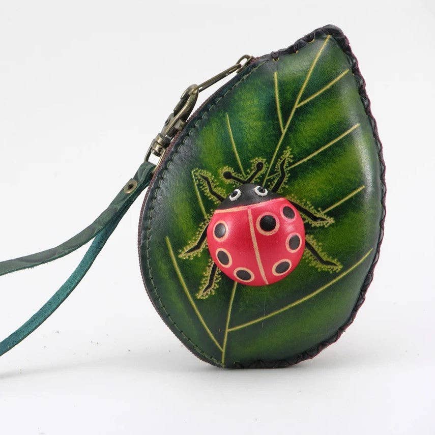 Sunflower Handmade leather inc - Wholesale Coin Purse - Women's - Ladybug With Leaf Wristlet- E526 leather coin purse wallet1