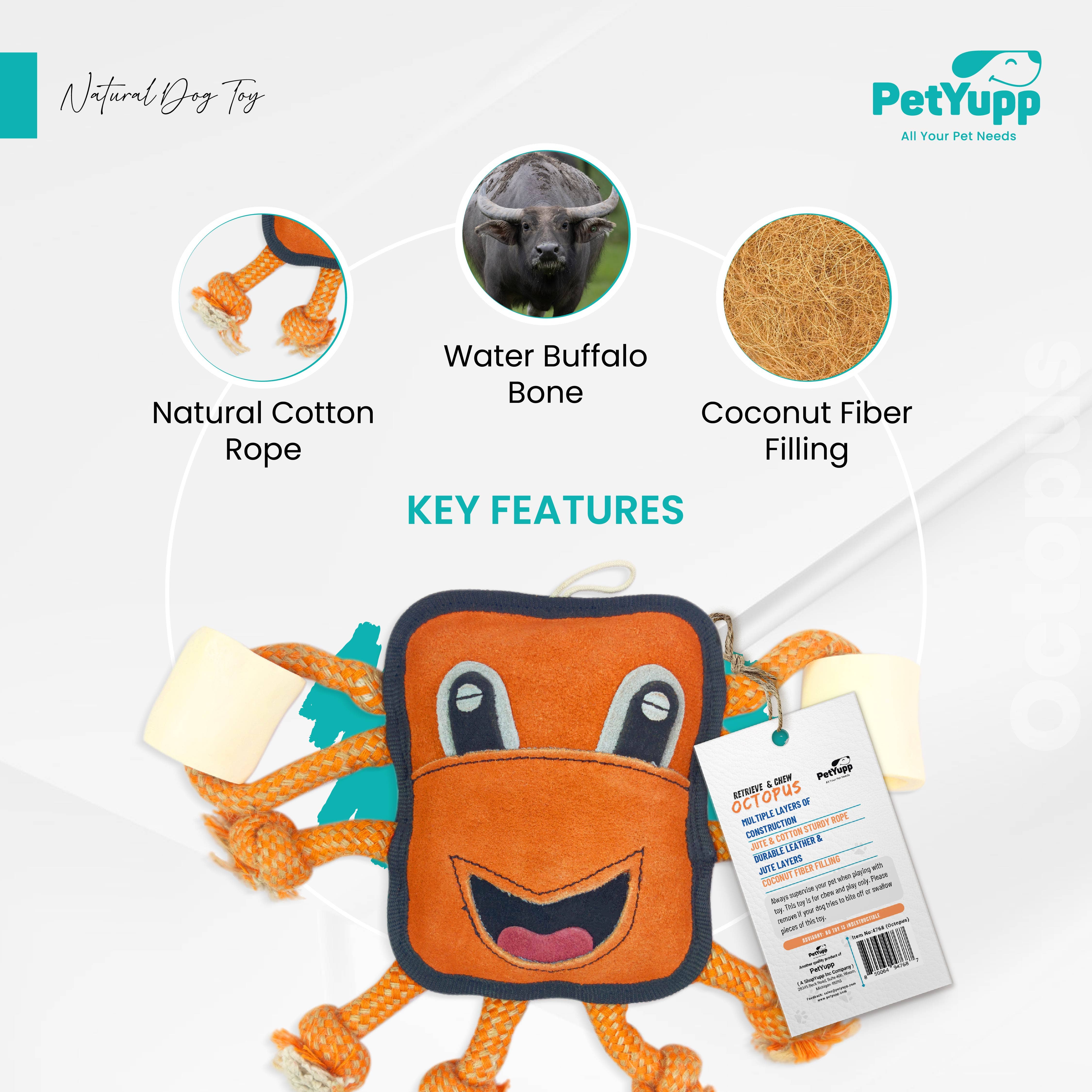 PetYupp - Wholesale Pet Chew Toy - Dog - Retrieve & Chew Toy with 2 Natural Bone - Octopus3