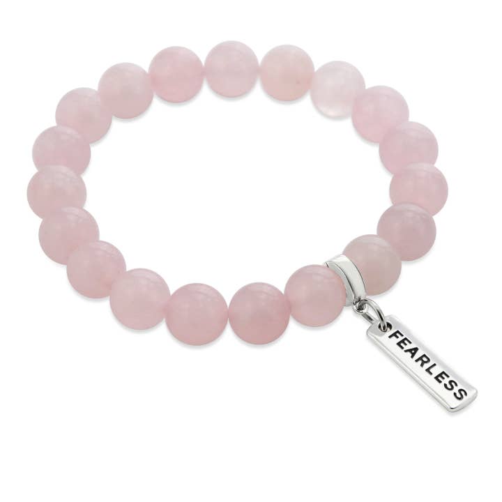 Stone Bracelet - Rose Quartz - 10mm Beads - with Word Charm for wholesale by Sister & Soul