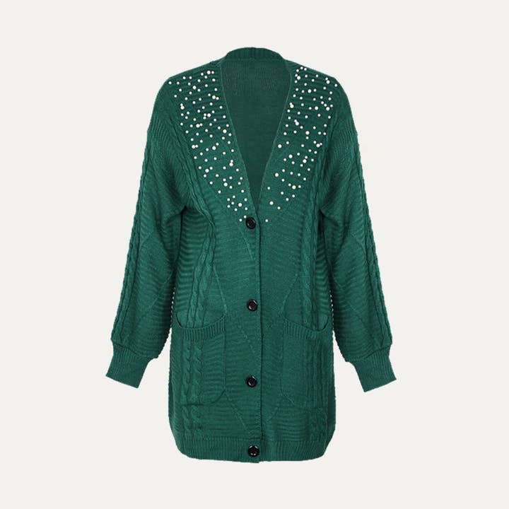 Christmas Green Pearl Accent Cable Knit Cardigan Sweater for wholesale on Faire
