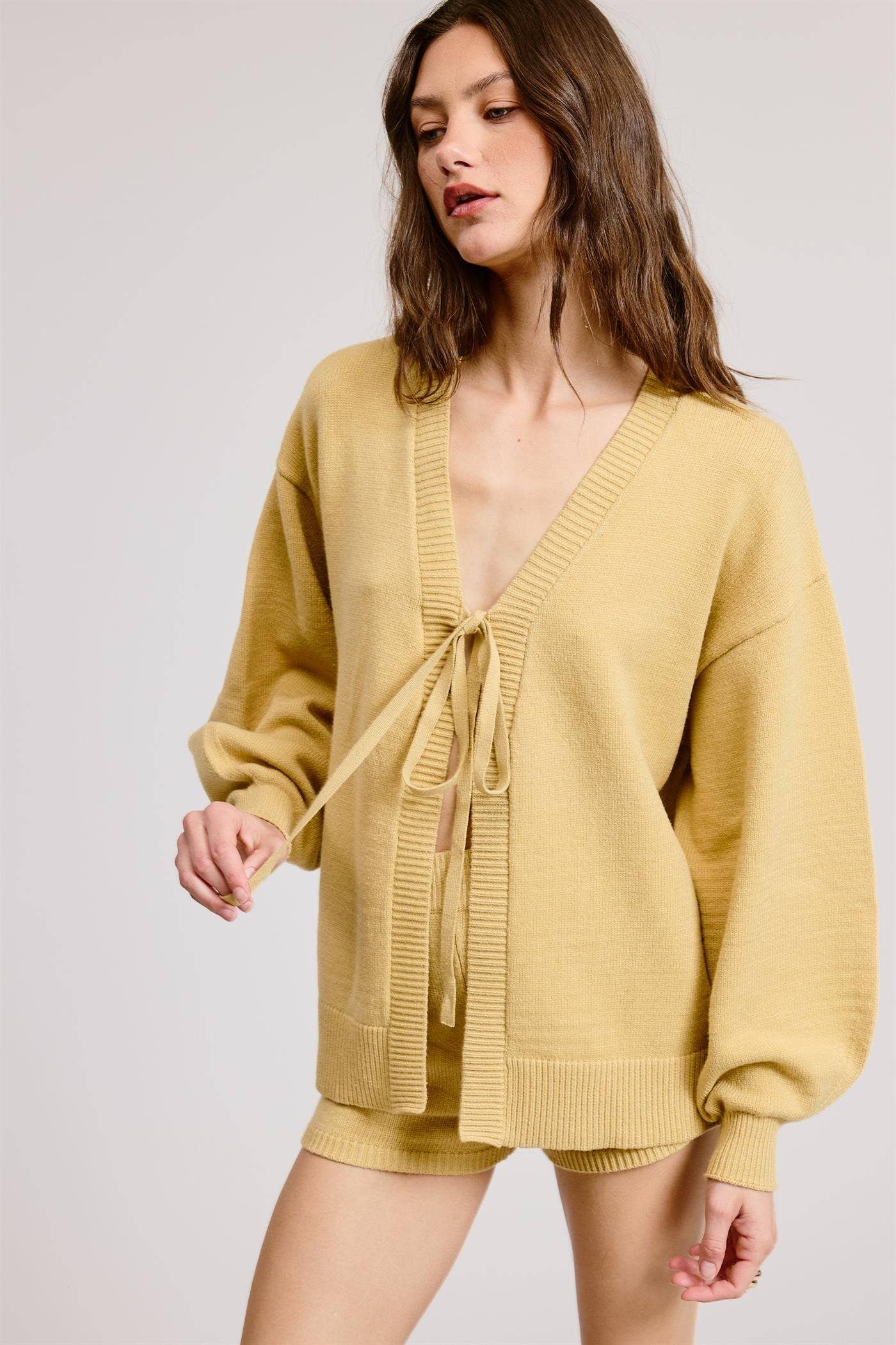 Mimosa - Wholesale Lounge Set - Women's - Self Tie Knit Cardigan and Shorts Lounge Set13